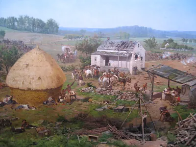 Painted Civil War scene with farmhouse, haystack and soldiers