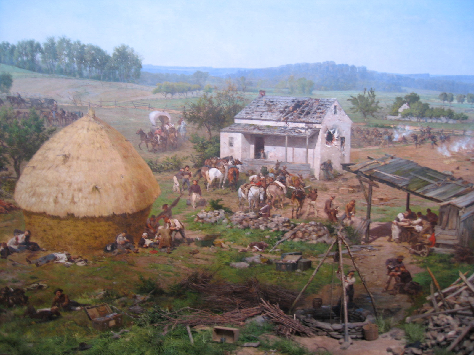 Painted Civil War scene with farmhouse, haystack and soldiers — historic image