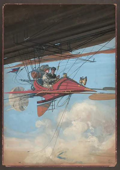 Two passengers in a red airship gondola under a dirigible