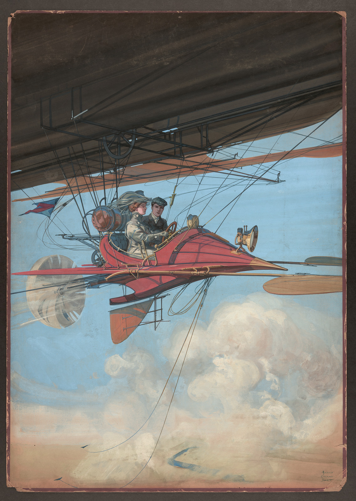 Two passengers in a red airship gondola under a dirigible — historic image