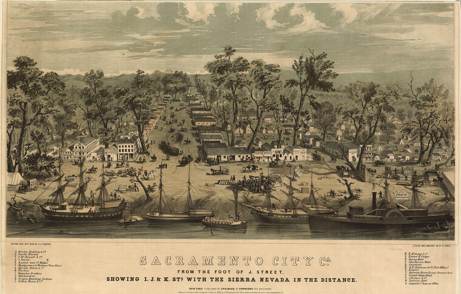 Sacramento City Cal. From the Foot of J Street, Showing I J & K Sts, 1850 — antique map