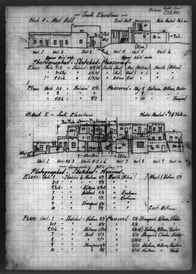 [South elevations, block 4 and block 5, of architectural plan drawing of Acoma Pueblo, New Mexico]