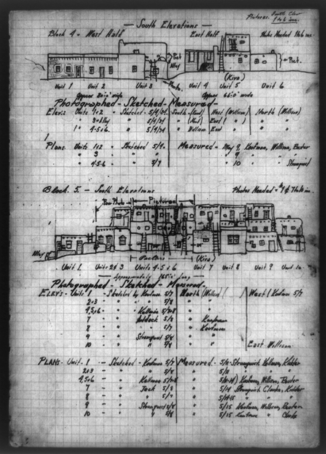[South elevations, block 4 and block 5, of architectural plan drawing of Acoma Pueblo, New Mexico], [1934 May] — historic drawing