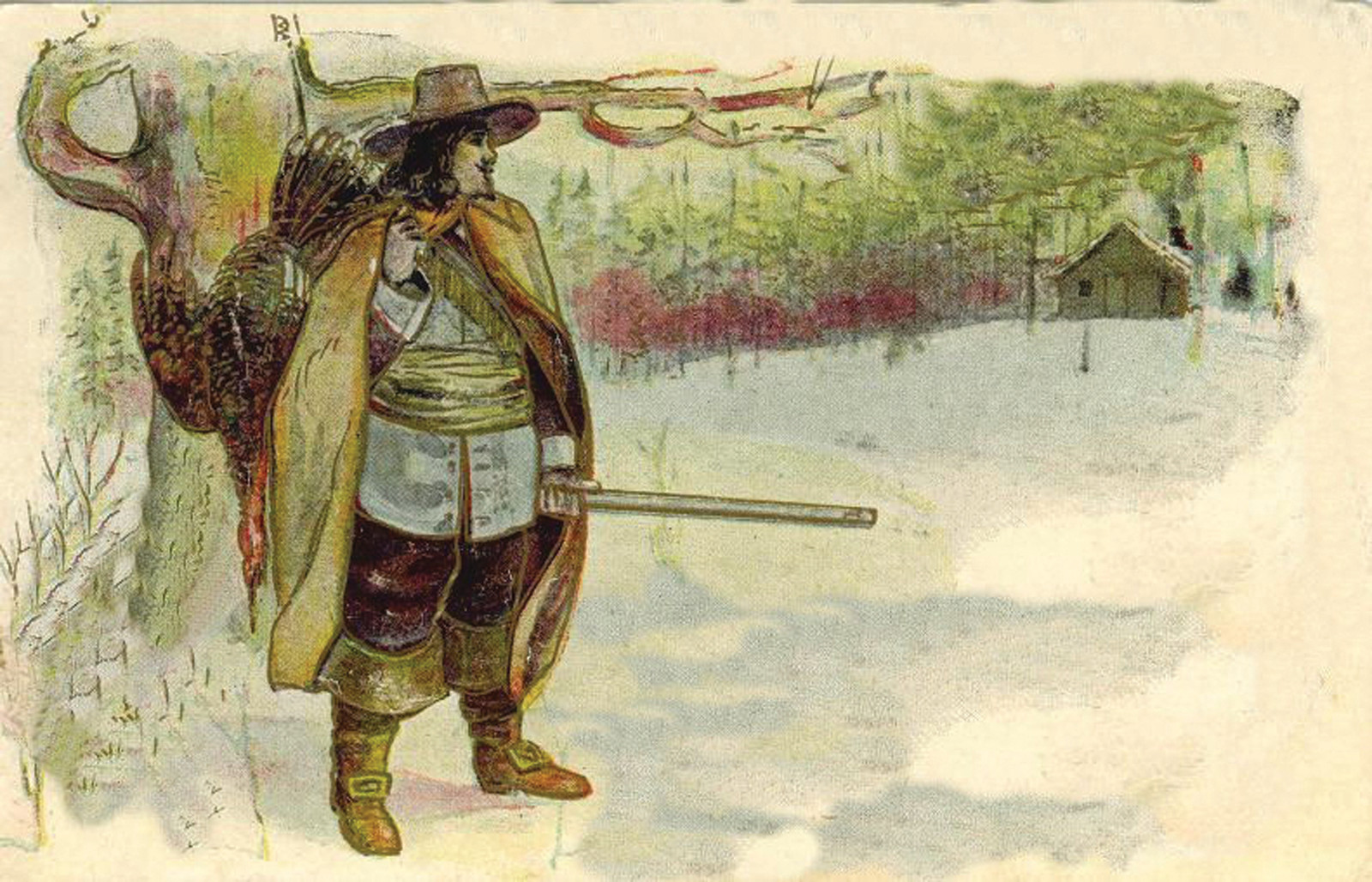 Hunter in Pilgrim-style dress with turkey and musket — historic image