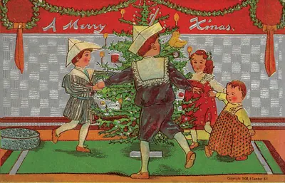 A Merry Xmas Christmas postcard with children dancing around tree
