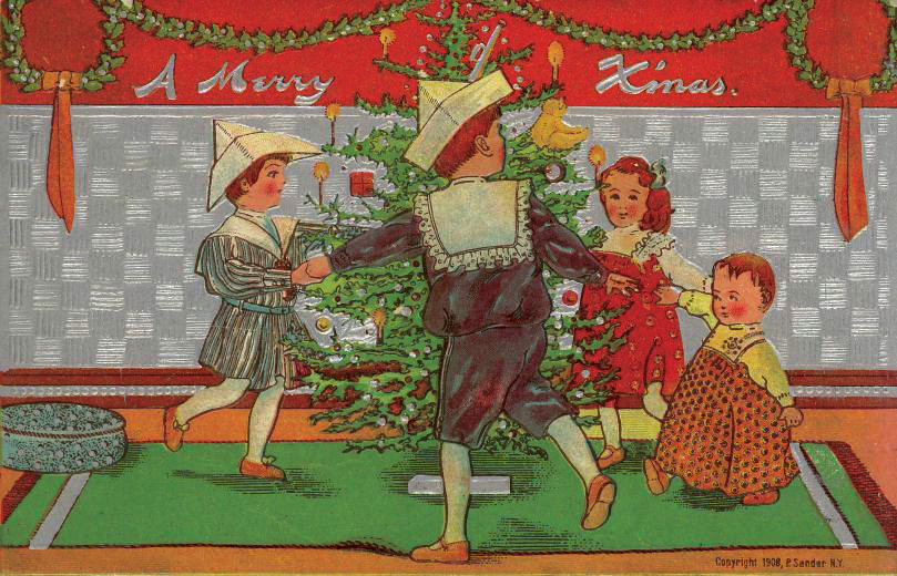 A Merry Xmas Christmas postcard with children dancing around tree — vintage postcard