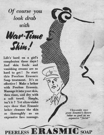 Peerless Erasmic Soap wartime skin advertisement illustration