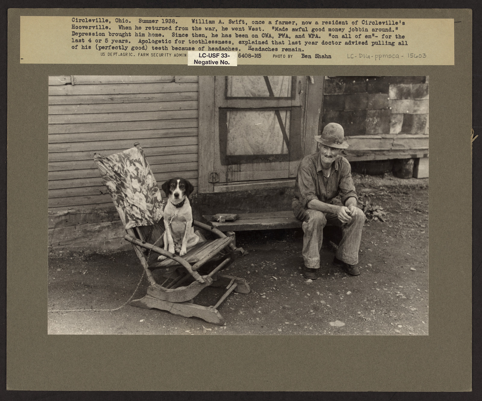William A. Swift with dog, Circleville, Ohio, 1938 — historic image