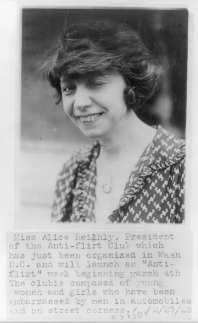 Miss Alice Reighly, President of the Anti-flirt Club which has just been organized in Wash., D.C. and will launch an Anti-flirt" week beginning March 4th - the club is composed of young women and girls who have been embarrassed by men in automobiles and on street corners"