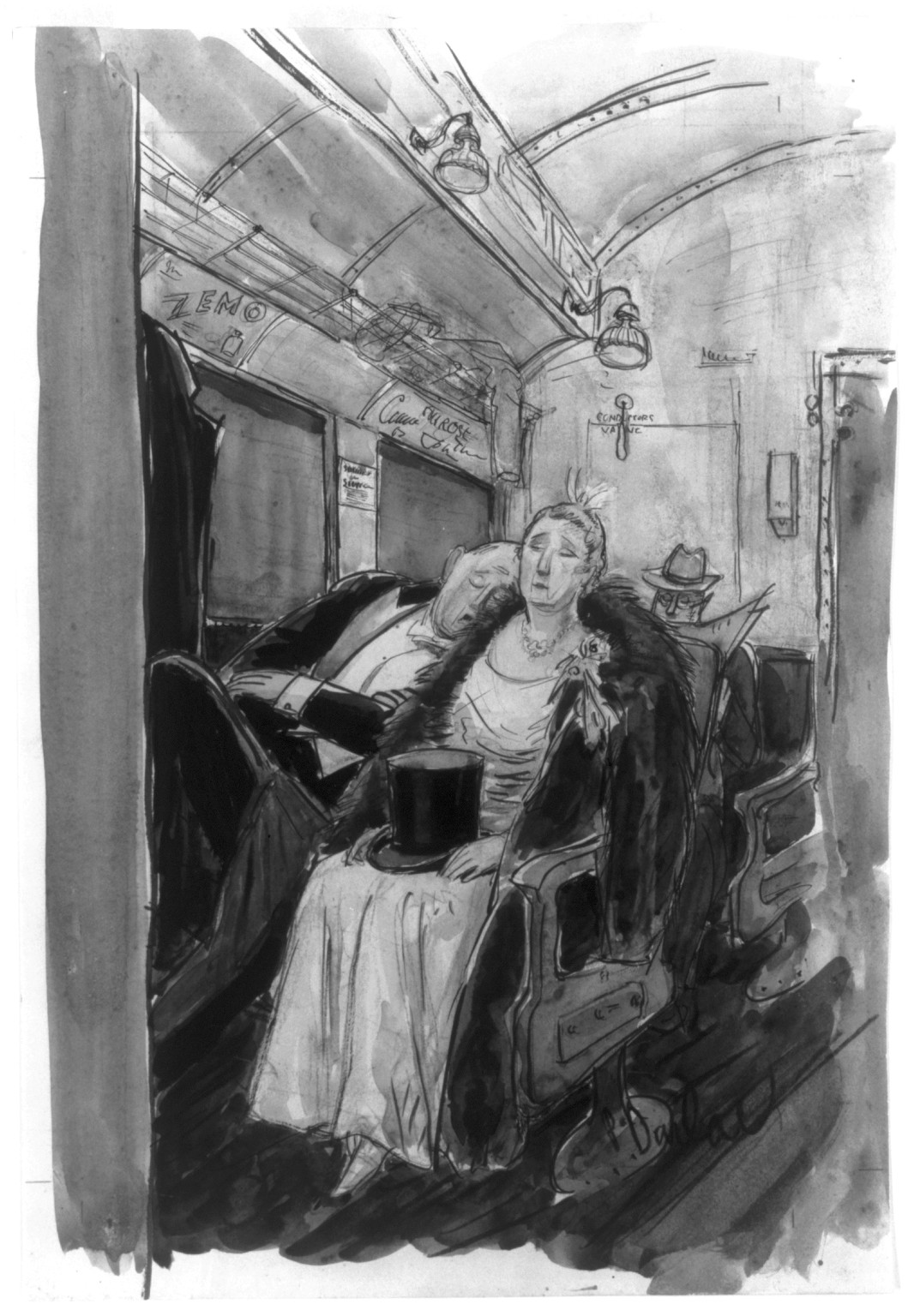 [Elderly couple, in formal attire, dozing while riding the subway] / P. Darlow [i.e., Barlow]., [1938] — historic drawing