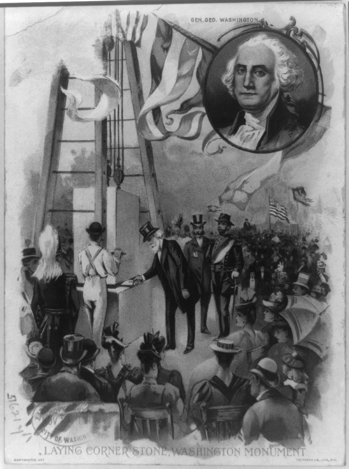 Laying corner stone, Washington Monument / The Knapp Co. lith., N.Y., c1893. — antique lithograph