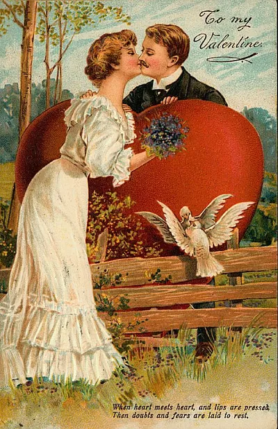 Couple kissing beside a large red heart, Valentine postcard