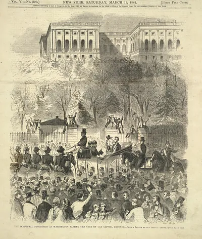 The inaugural procession passing the gate of the Capitol grounds, 1861