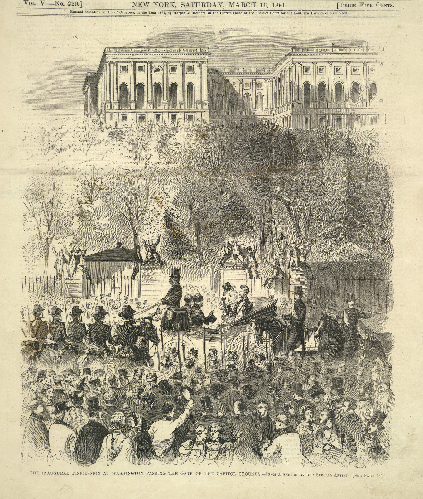 The inaugural procession passing the gate of the Capitol grounds, 1861 — historic image