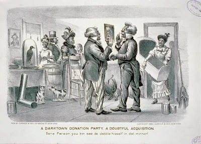 A darktown donation party, a doubtful acquisition: Dere parson you kin see de Debble hisself in dat mirror!