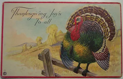 Thanksgiving Joys To All postcard with turkey on fence