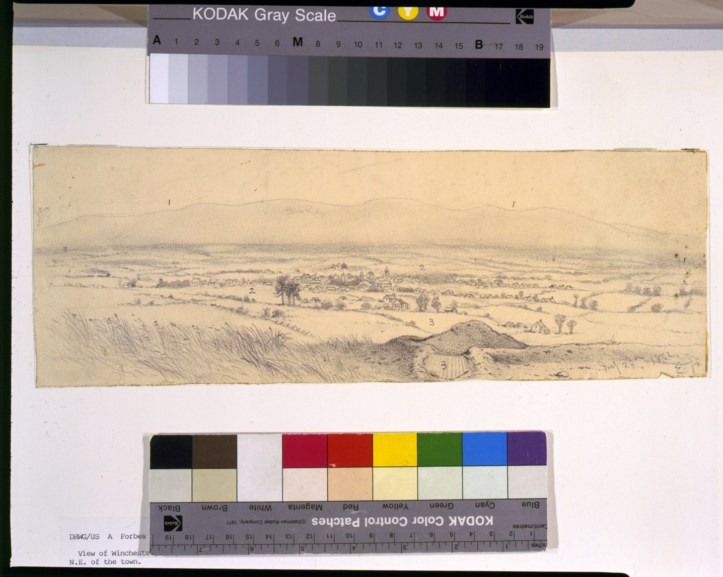 View of Winchester, Va., from fort on the hill N.E. of the town / EF., 1862 July 20. — historic drawing
