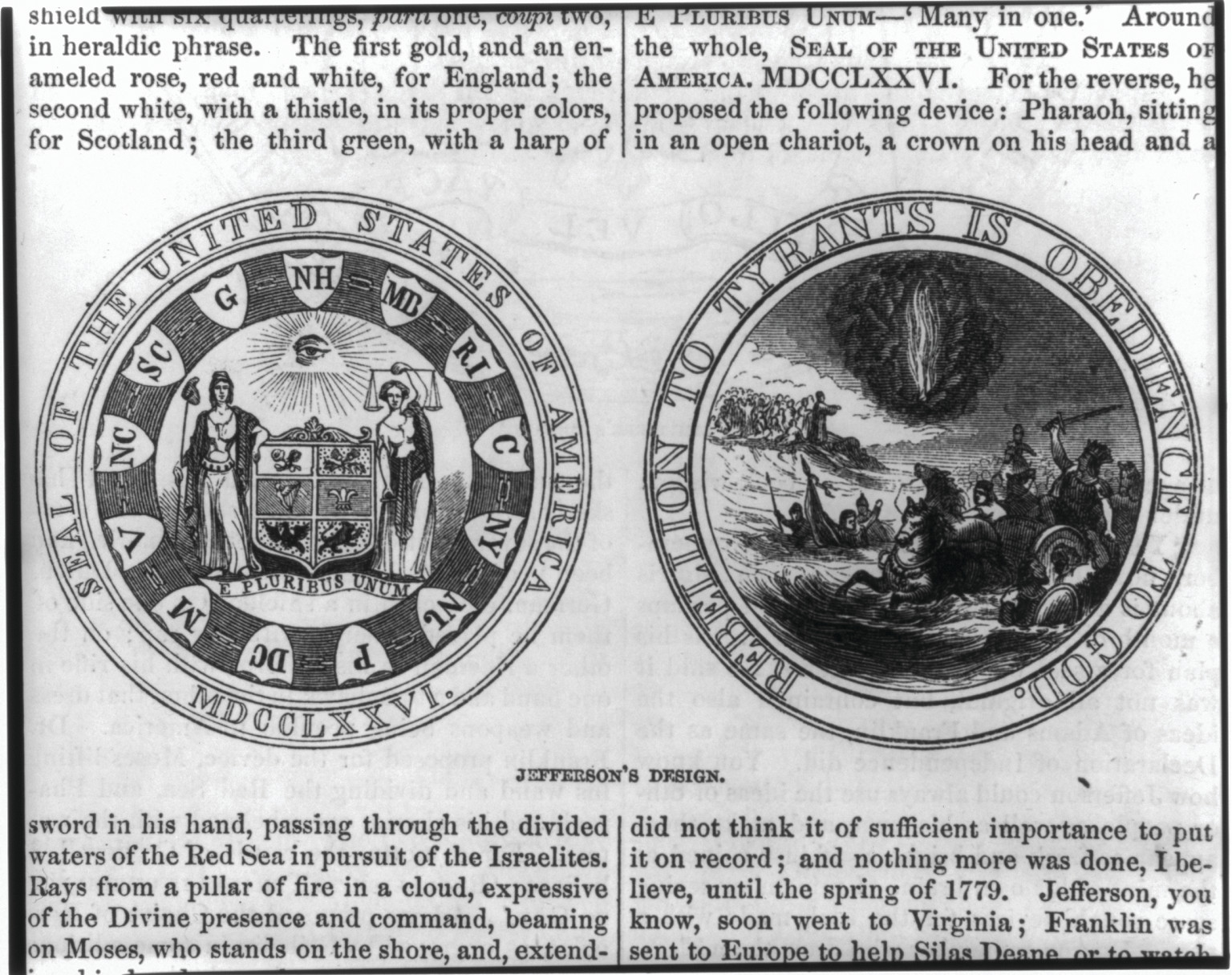 [Jefferson's design of the Seal of the United States of America - obverse and reverse] — antique engraving