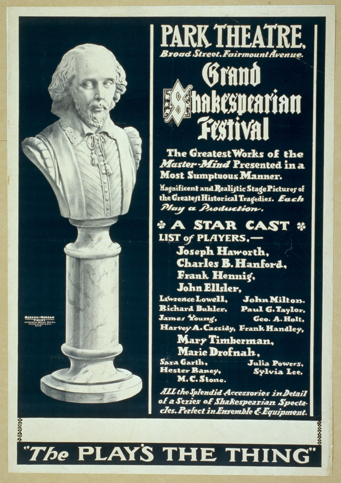 Grand Shakespearian festival the greatest works of the master mind presented in a most sumptuous manner : magnificent and realistic stage pictures of the greatest historical tragedies : each play a production., 1898 — vintage poster