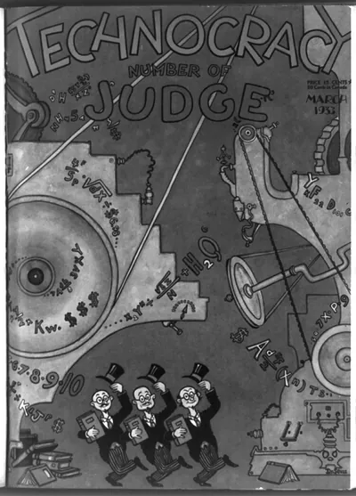 [Cover of Tecnocracy Number of Judge, illustrated with 3 men dancing, machinery and mathematical figures]