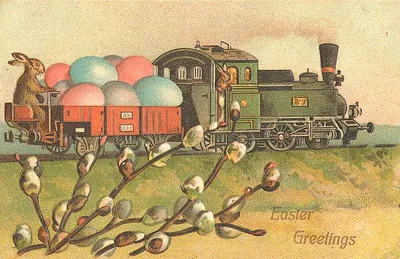 Easter Greetings postcard with rabbits, train and eggs