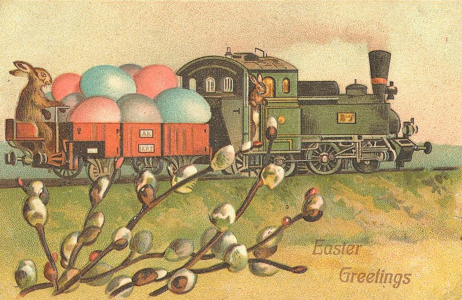 Easter Greetings postcard with rabbits, train and eggs — vintage postcard