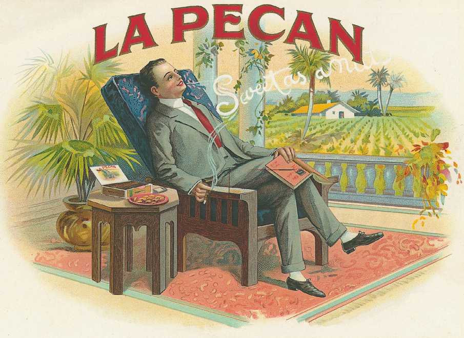 La Pecan cigar label: man reclining in chair with cigar — historic image