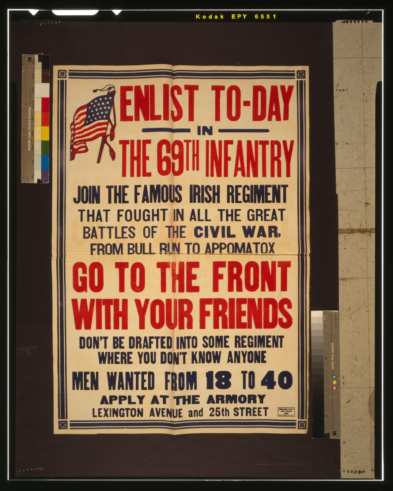 Enlist to-day in the 69th infantry Join the famous Irish regiment [...] Go to the front with your friends [...], N[ew] Y[ork] : Empire City Job Print, [1917] — vintage poster