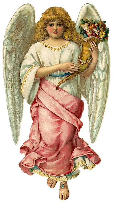 Winged angel holding cornucopia of flowers and fruit