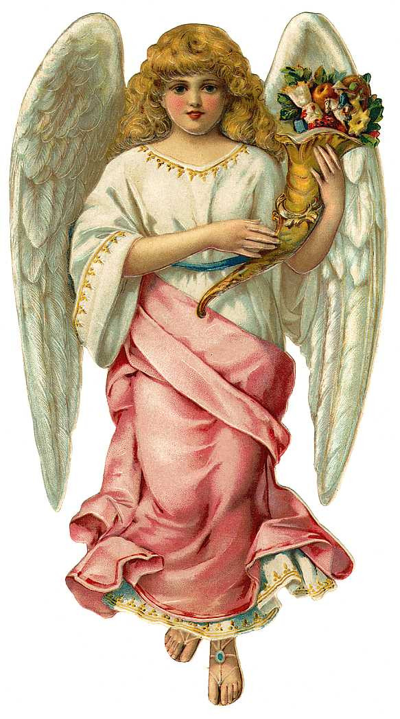 Winged angel holding cornucopia of flowers and fruit — historic image