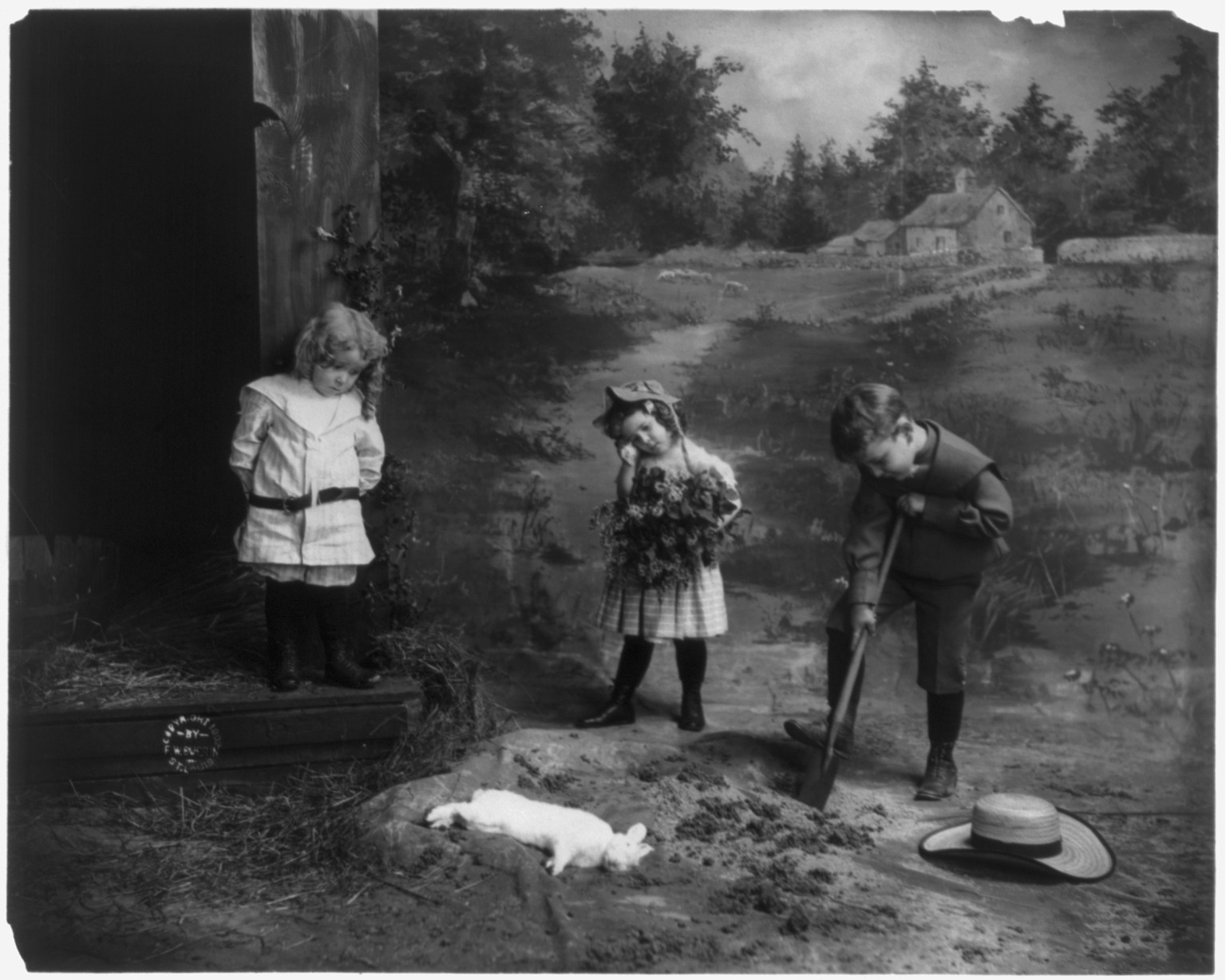 Vintage Photo Print - 3 children burying dead rabbit, [ca. 1900-10] — historic print