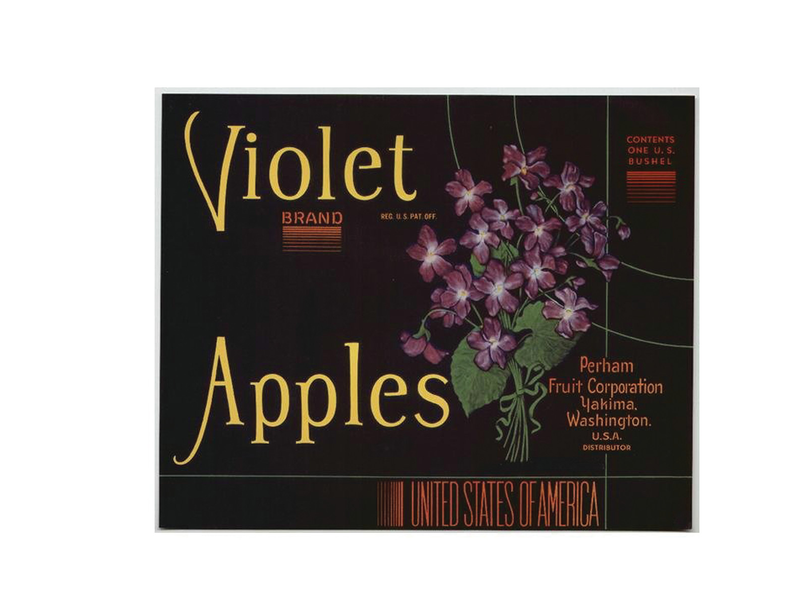 Violet Brand Apples crate label with violet flowers — historic image