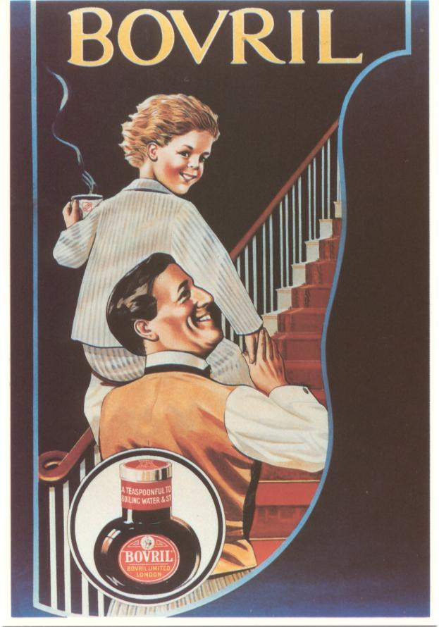 Bovril advertisement showing man and boy on staircase — historic image