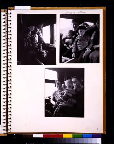 [Three scenes of rural rehabilitation colonists: Views of parents traveling with children in a railroad passenger car]