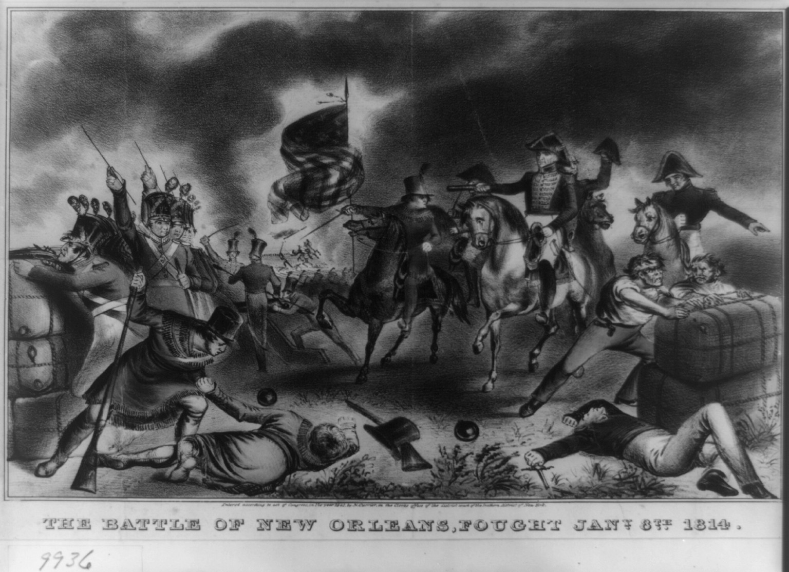 The battle of New Orleans, fought Jany 8th 1814, [New York] : N. Currier, 1842. — antique lithograph