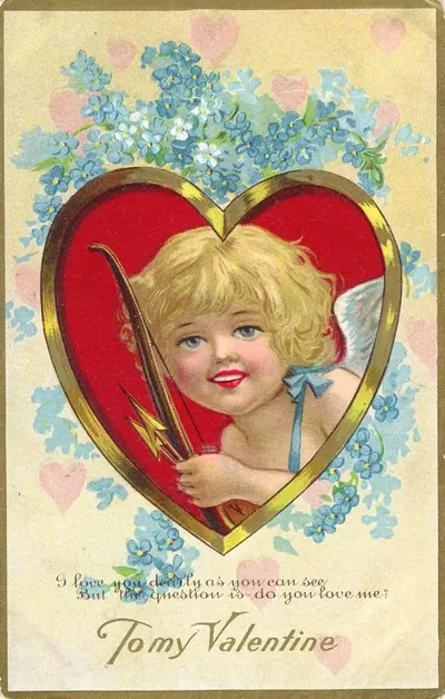 Cupid valentine card with forget-me-nots and heart