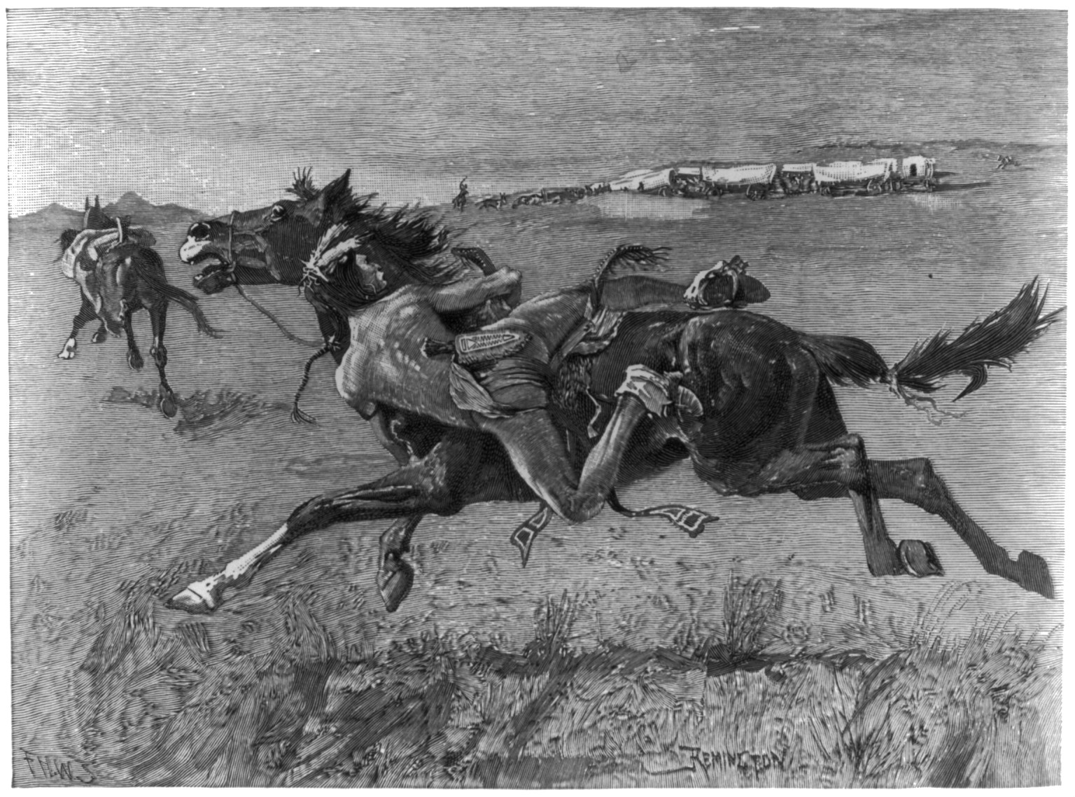 [Illustration by Frederic Remington: Indians circling wagon train, using horses as shields] — antique engraving