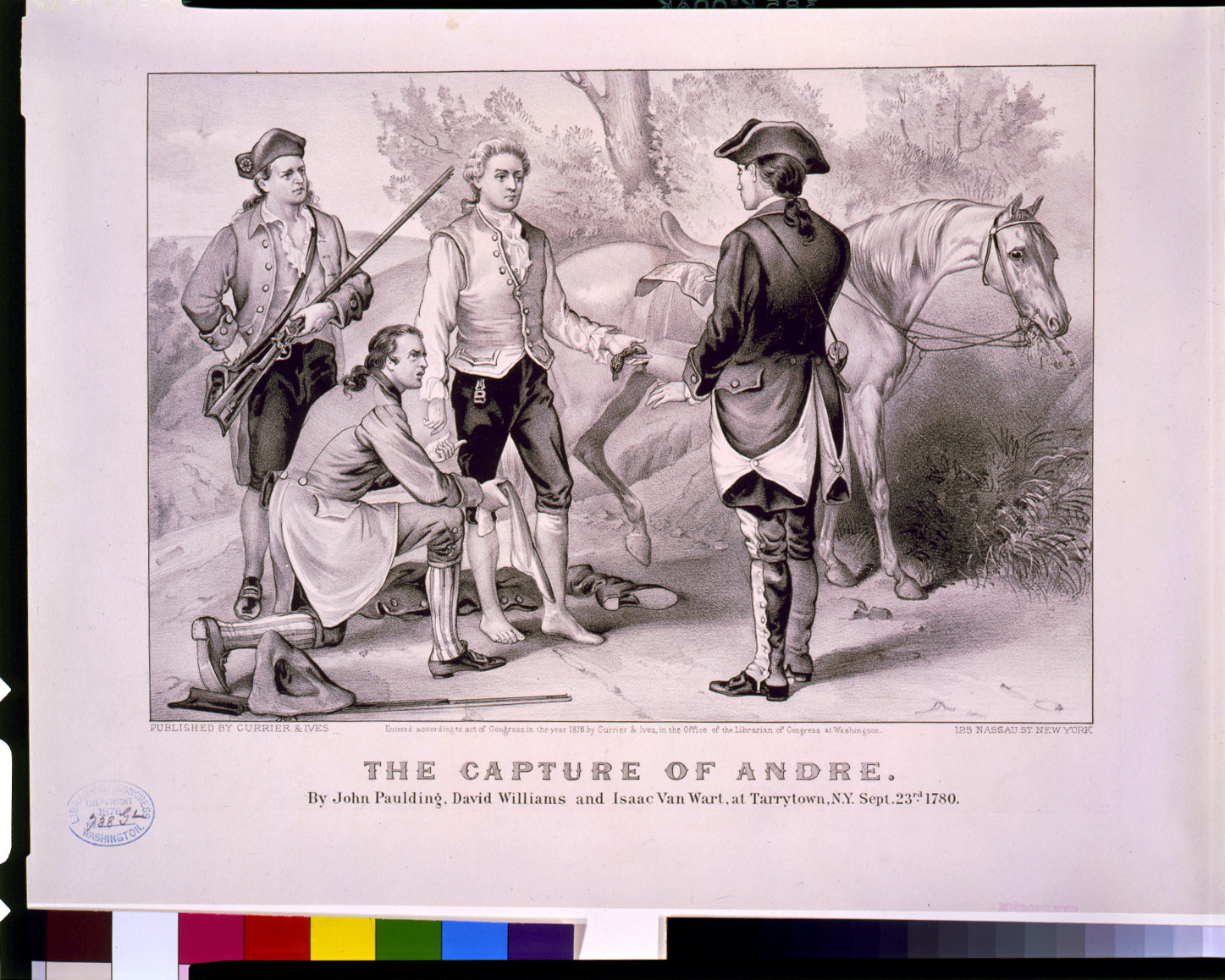 The capture of Andre: By John Paulding, David Williams and Isaac Van Wart, at Tarrytown, N.Y., Sept. 23rd, 1780, New York : Currier & Ives, c1876. — antique lithograph