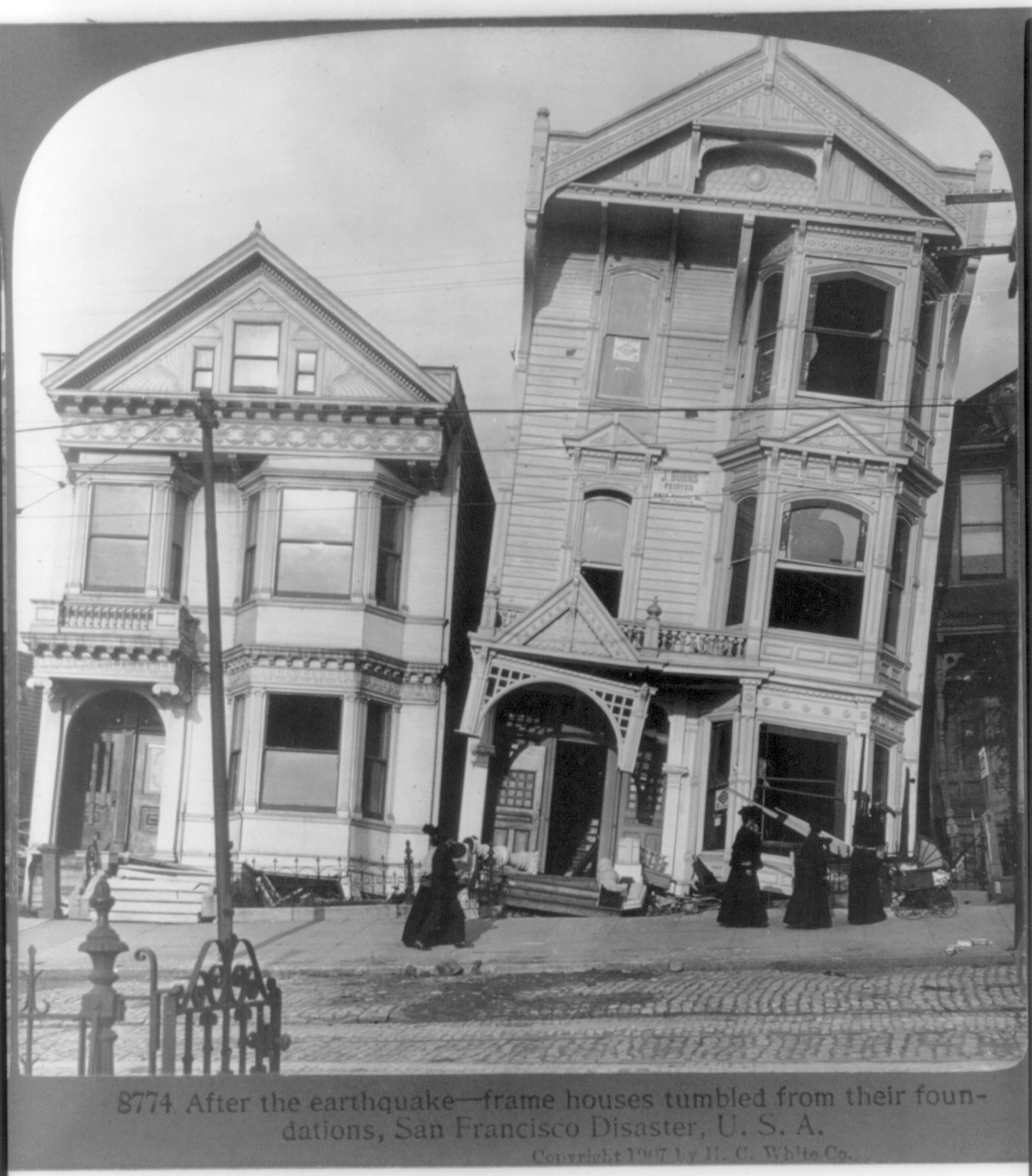 After the earthquake - frame houses tumbled from their foundations, San Francisco Disaster, U.S.A., Chicago : H.C. White Co., c1907 July 29. — historic photograph