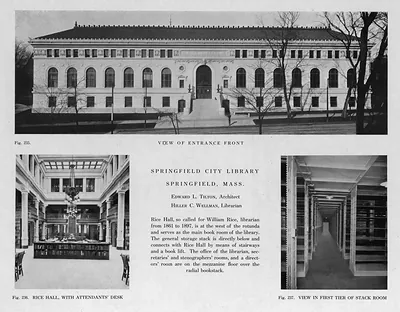 Springfield City Library entrance front, Rice Hall and stack room