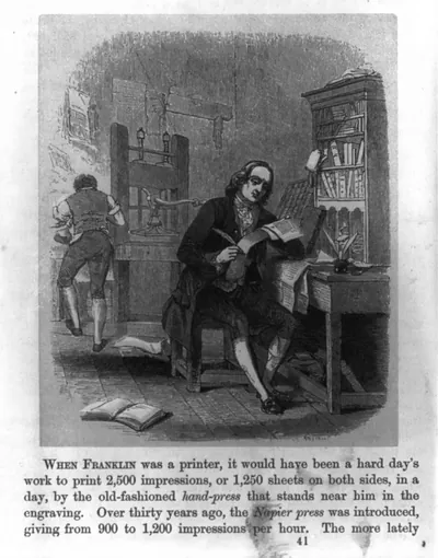 Benjamin Franklin as a young man, seated at desk in printing shop