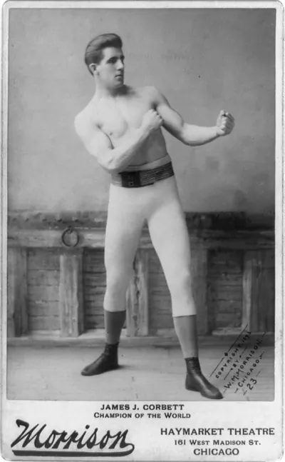 [James John Corbett, full-length portrait, standing, facing right; with fists raised]