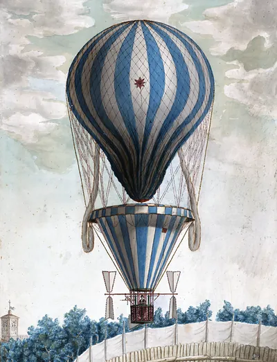 Blue and white striped balloon ascent with passenger basket