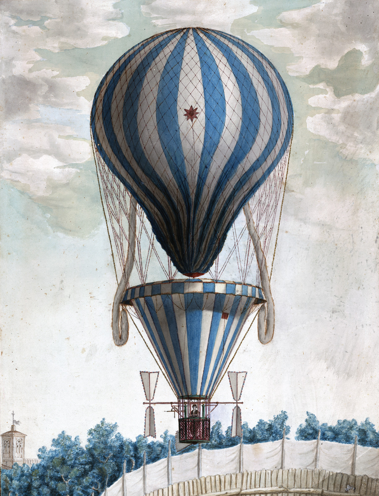Blue and white striped balloon ascent with passenger basket — historic image