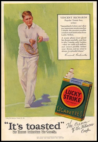 Lucky Strike cigarette advertisement featuring tennis player Vincent Richards