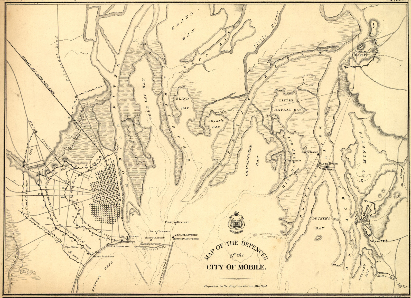 Map of the defences of the city of Mobile 1862 64, Alabama — antique map