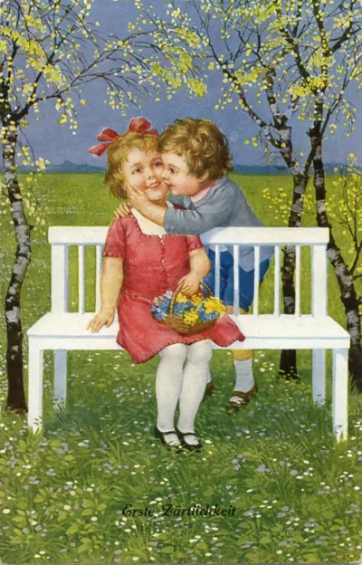 Erste Zärtlichkeit: Children Sharing a Kiss on a Bench