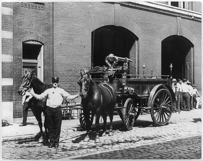 [Fireman with 2 horses and fire engine in front of firehouse, 11th and Lucas, St. Louis, Mo.]