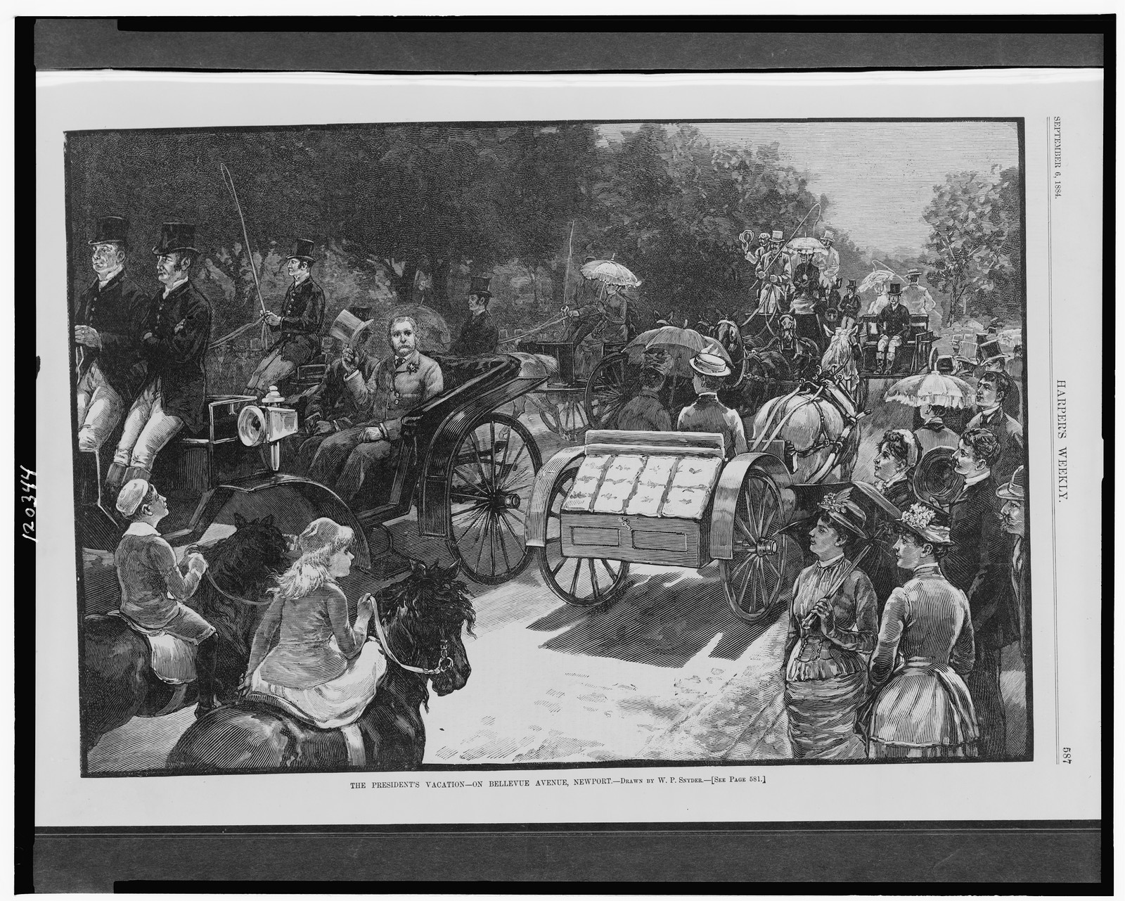 The President's vacation - on Bellevue Avenue, Newport / drawn by W.P. Snyder., 1884 — antique engraving
