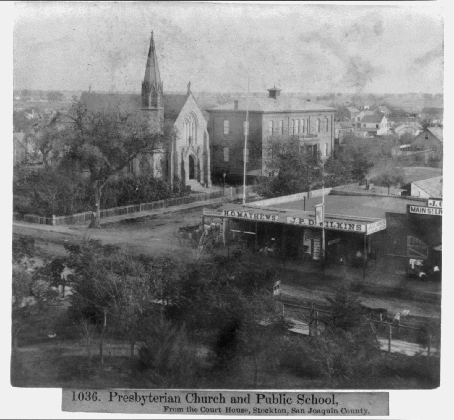 Presbyterian Church and Public School, from the Court House, Stockton, San Joaquin County, [published 1866] — historic photograph